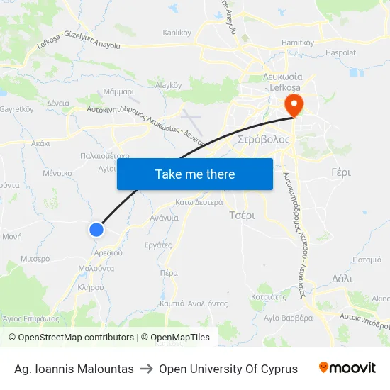 Ag. Ioannis Malountas to Open University of Cyprus map