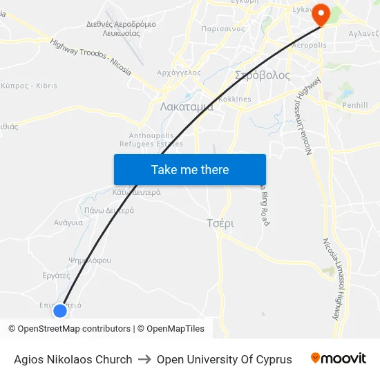 Ag. Nikolaos Church to Open University of Cyprus map