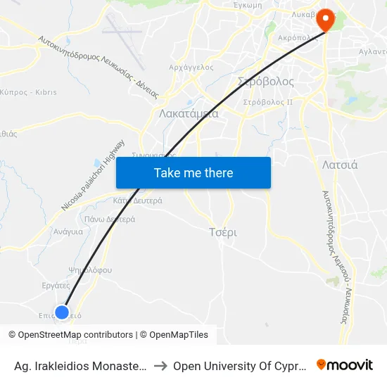 Ag. Irakleidios Monastery to Open University of Cyprus map