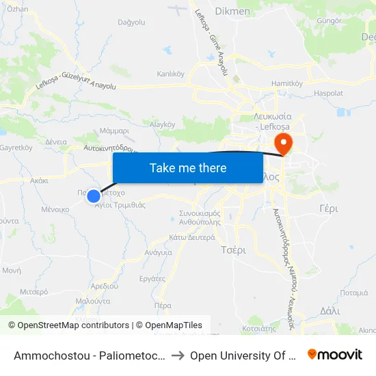 Ammochostou - Paliometocho Settlement to Open University of Cyprus map