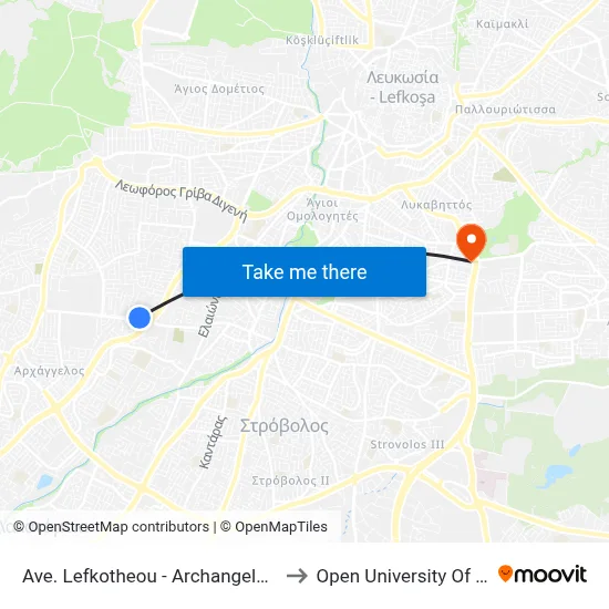 Ave. Lefkotheou - Archangelou Michail to Open University of Cyprus map
