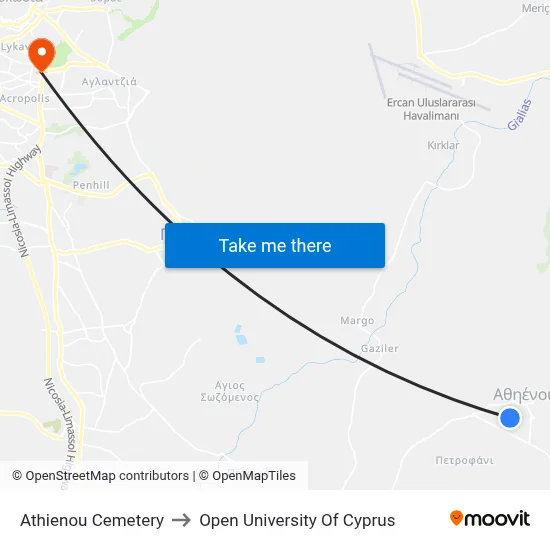 Athienou Cemetery to Open University of Cyprus map