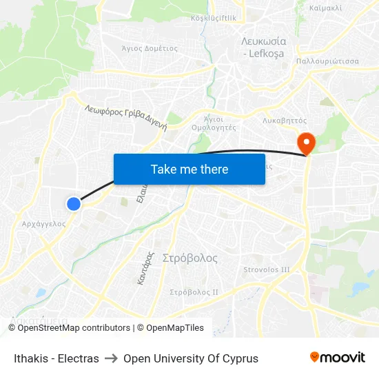 Ithaca - Electra to Open University of Cyprus map