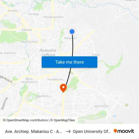 Ave. Archiep. Makariou C - Ag. Ilarionos to Open University of Cyprus map