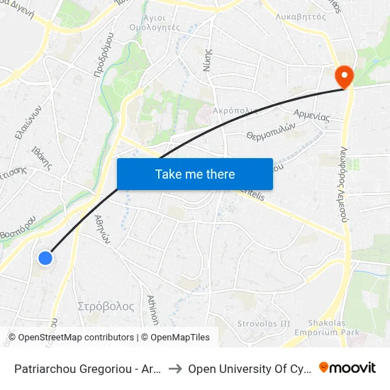 Patriarchou Gregoriou - Argous to Open University of Cyprus map