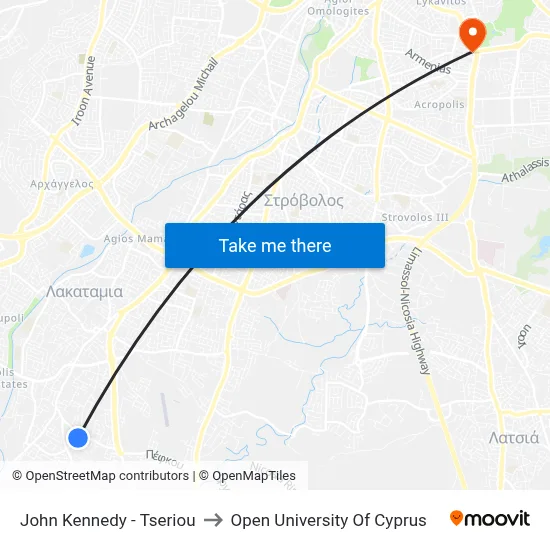 John Kennedy - Tseriou to Open University of Cyprus map
