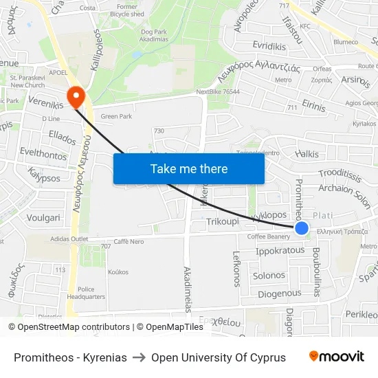 Promitheos - Kyrenias to Open University of Cyprus map