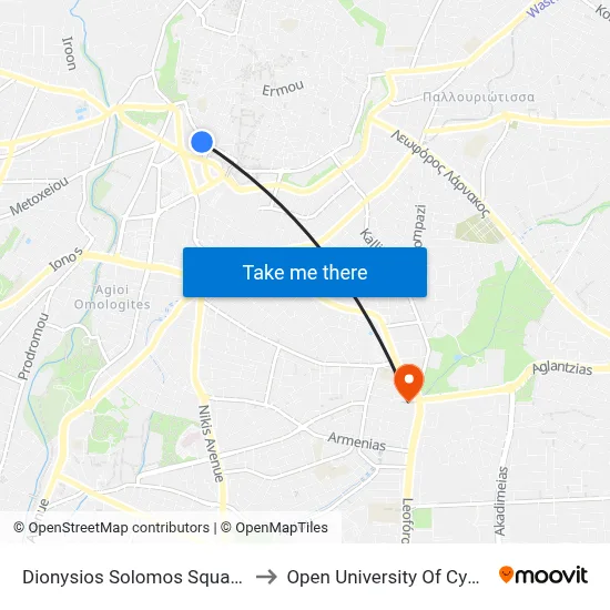 Dionysios Solomos Square C to Open University of Cyprus map