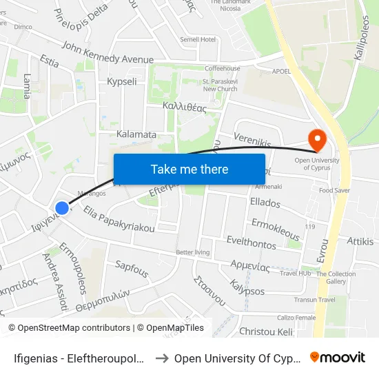 Ifigenias - Eleftheroupoleos to Open University of Cyprus map