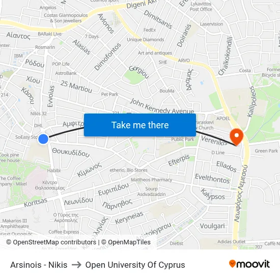 Arsinois - Nikis to Open University of Cyprus map