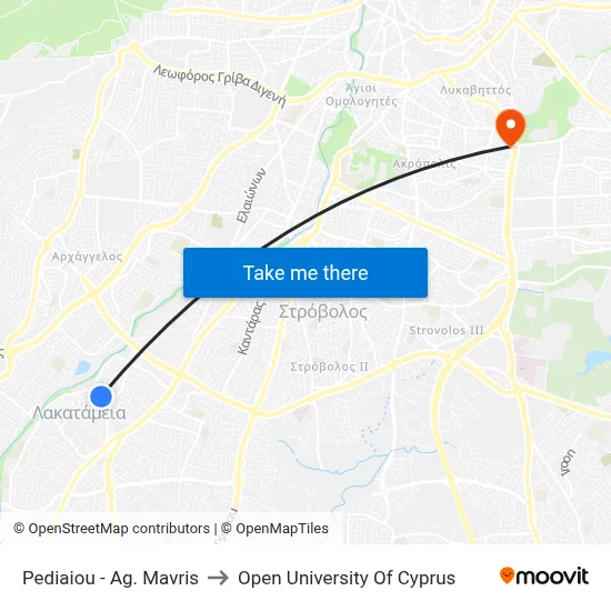 Pediaiou - Ag. Mavris to Open University of Cyprus map