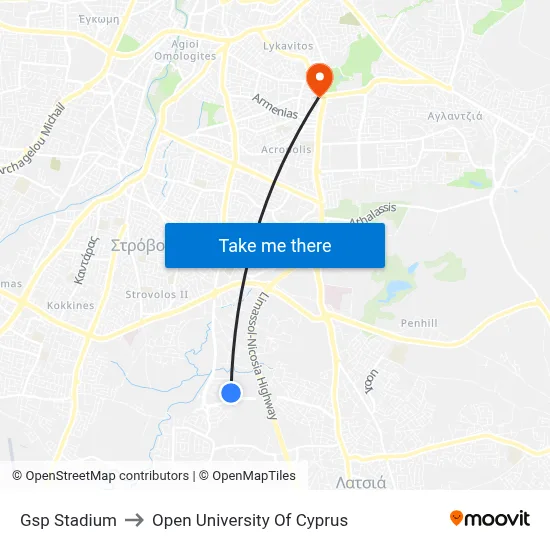 GSP Stadium to Open University of Cyprus map