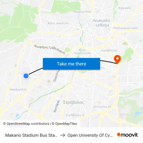 Makario Stadium Bus Station to Open University of Cyprus map