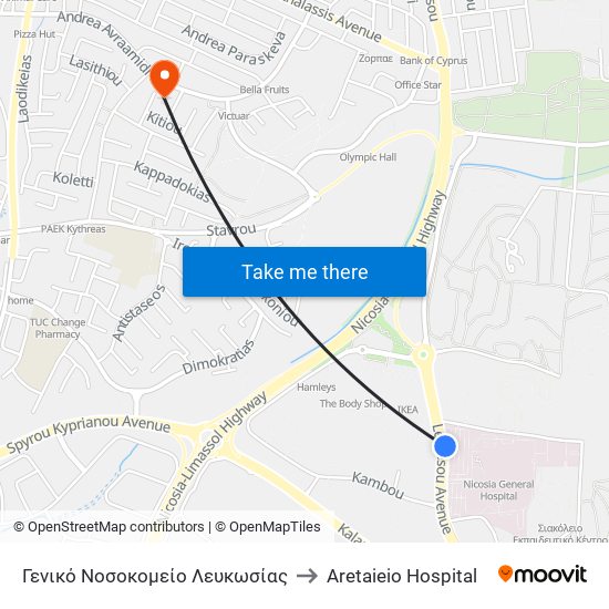 Γενικό Νοσοκομείο Λευκωσίας to Aretaieio Hospital map