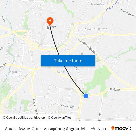 Λεωφ. Αγλαντζιάς - Λεωφόρος Αρχιεπ. Μακαρίου Γ to Nicosia map