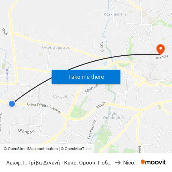 Λεωφ. Γ. Γρίβα Διγενή - Κυπρ. Ομοσπ. Ποδοσφαίρου to Nicosia map
