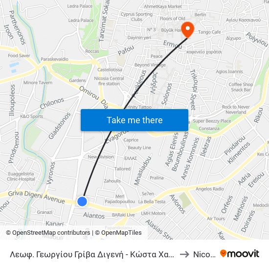 Λεωφ. Γεωργίου Γρίβα Διγενή - Κώστα Χατζόπουλου to Nicosia map