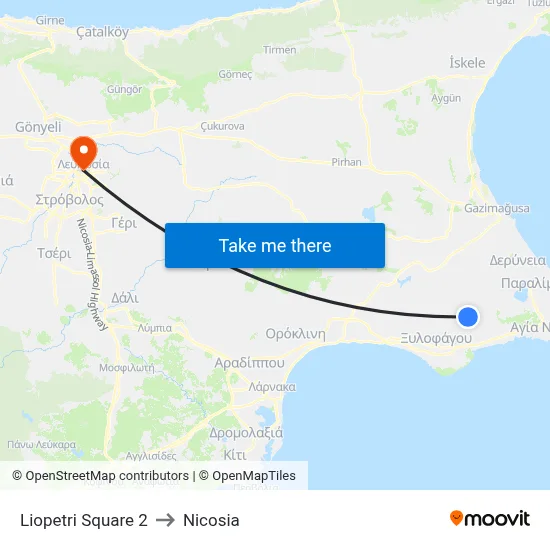 Liopetri Square 2 to Nicosia map