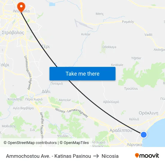 Ammochostou Avenue - Katinas Paxinou to Nicosia map