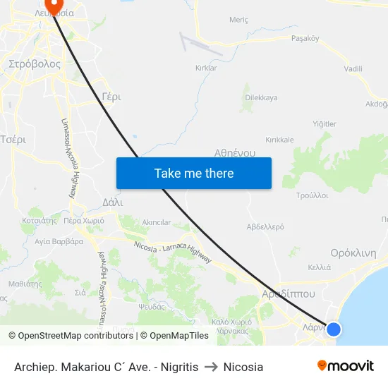 Archiep. Makariou C´ Ave. - Nigritis to Nicosia map