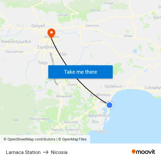 Larnaca Station to Nicosia map