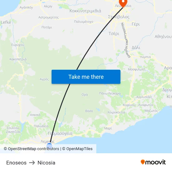 Enoseos to Nicosia map