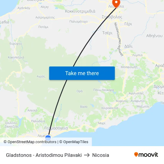 Gladstonos - Aristodimou Pilavaki to Nicosia map