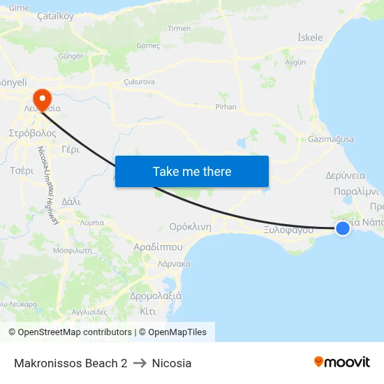 Makronissos Beach to Nicosia map