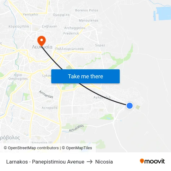 Larnakos - University Avenue to Nicosia map