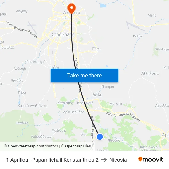 1 Apriliou - Papamiichail Konstantinou 2 to Nicosia map