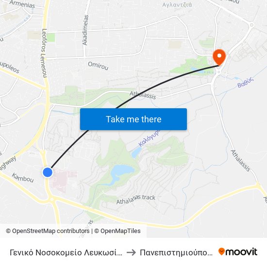 Γενικό Νοσοκομείο Λευκωσίας to Πανεπιστημιούπολη map