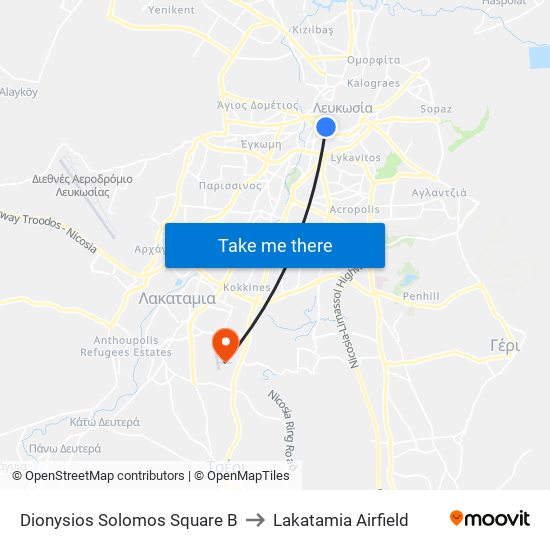 Dionysios Solomos Square B to Lakatamia Airfield map