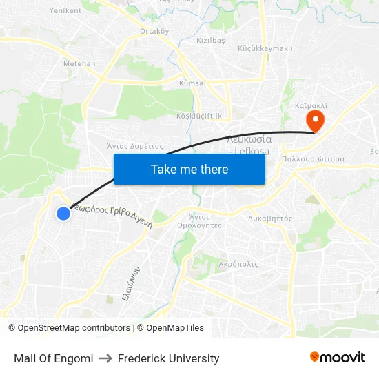 Mall of Engomi to Frederick University map