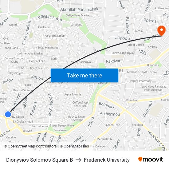 Dionysios Solomos Square B to Frederick University map