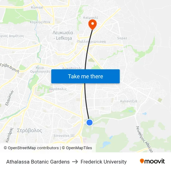 Athalassa Botanic Gardens to Frederick University map