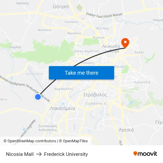 Nicosia Mall to Frederick University map