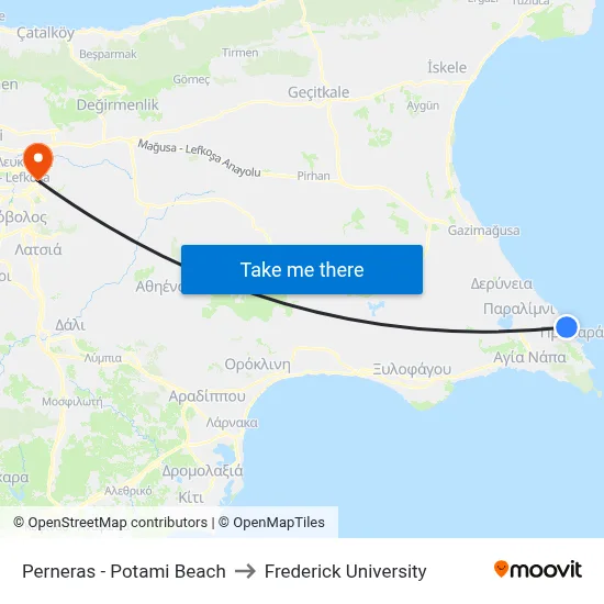 Perneras - Potami Beach to Frederick University map