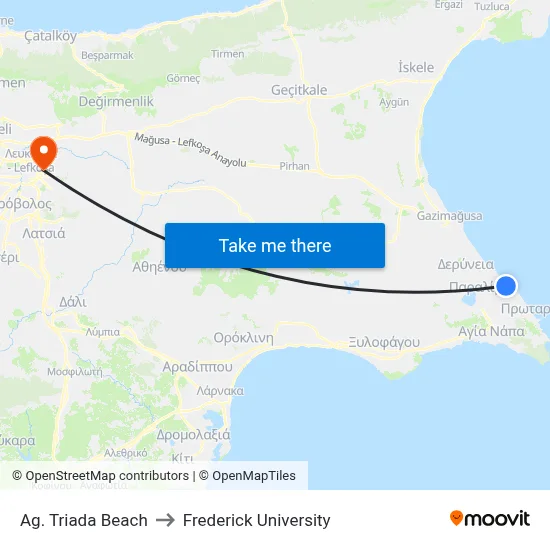Ag. Triada Beach to Frederick University map