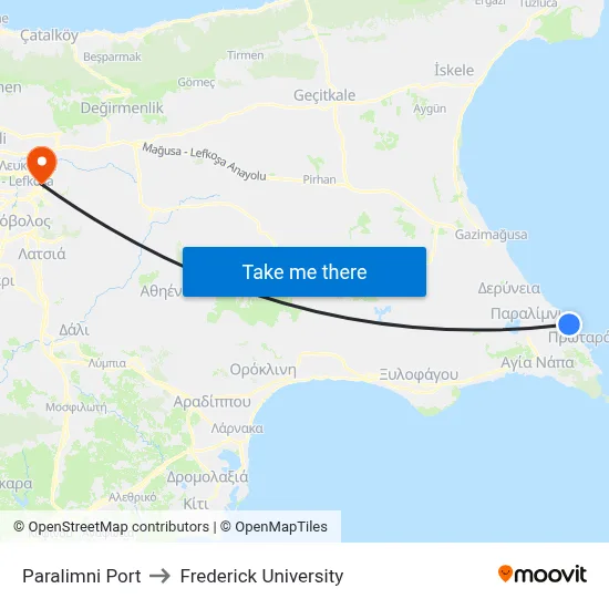 Paralimni Port to Frederick University map