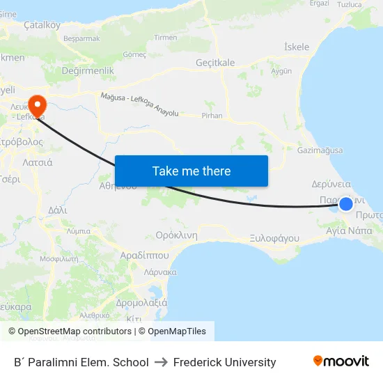 B´ Paralimni Elem. School to Frederick University map
