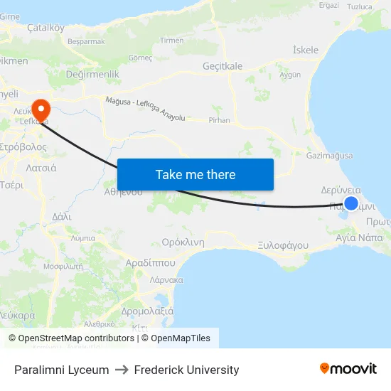 Paralimni Lyceum to Frederick University map