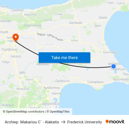 Archbishop Makarios III - Alakatis to Frederick University map