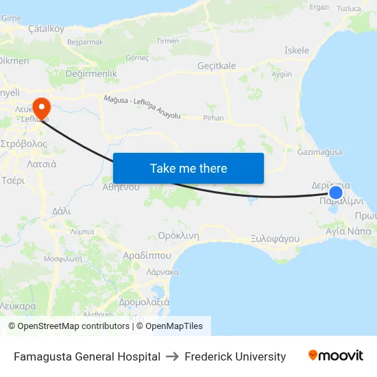 Famagusta General Hospital to Frederick University map