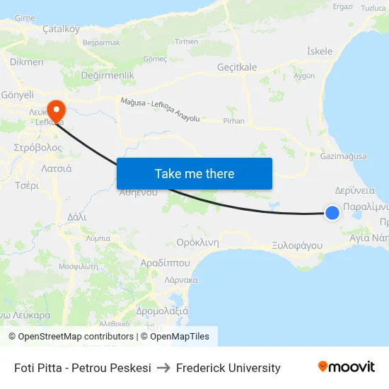 Foti Pitta - Petrou Peskesi to Frederick University map
