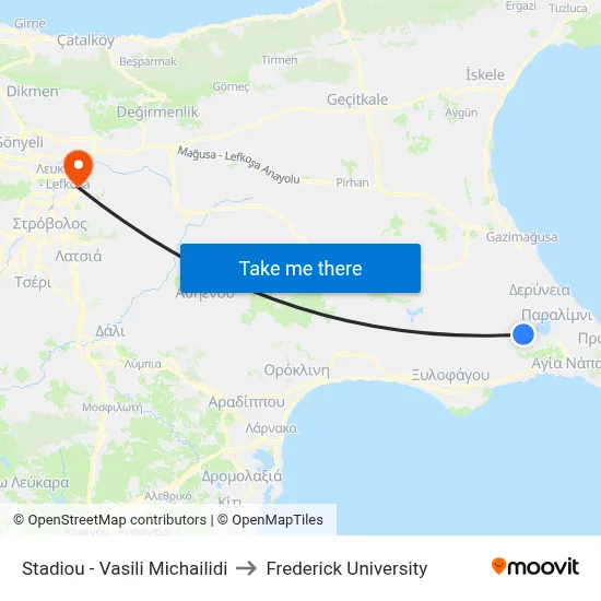 Stadiou - Vasili Michailidi to Frederick University map