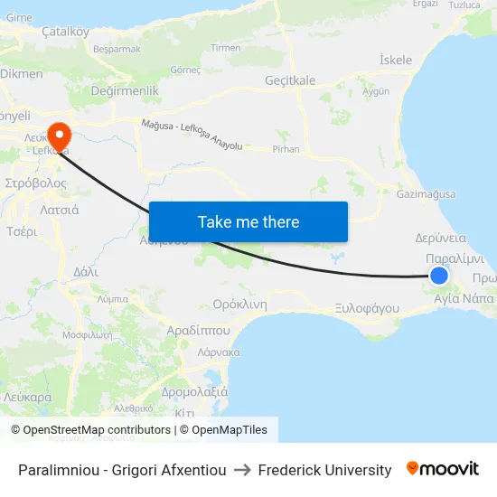 Paralimniou - Grigori Afxentiou to Frederick University map