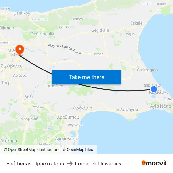 Eleftherias - Hippocrates to Frederick University map