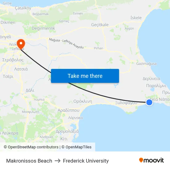 Makronissos Beach to Frederick University map