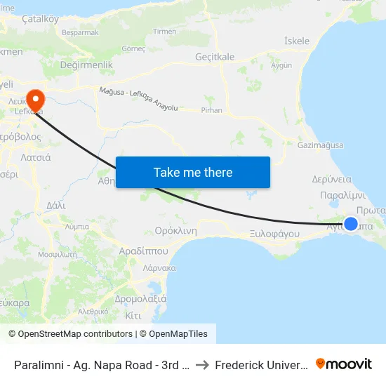 Paralimni - Ag. Napa Road - 3rd Stop to Frederick University map