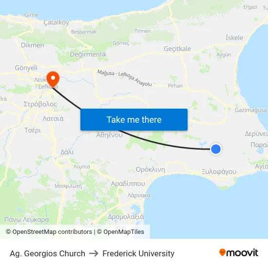 Ag. Georgios Church to Frederick University map
